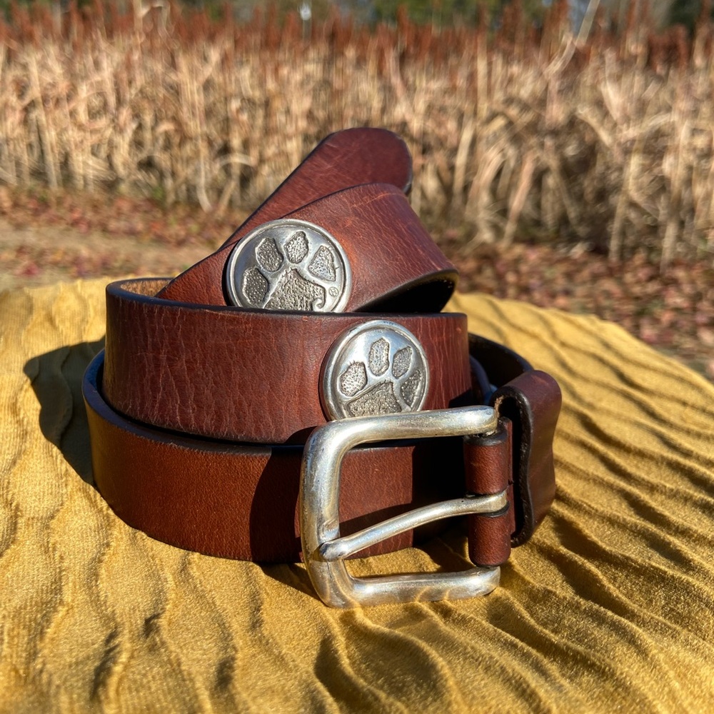 Vintage Leather Belt with Silver-Toned Clemson University Tiger Paw Medallions